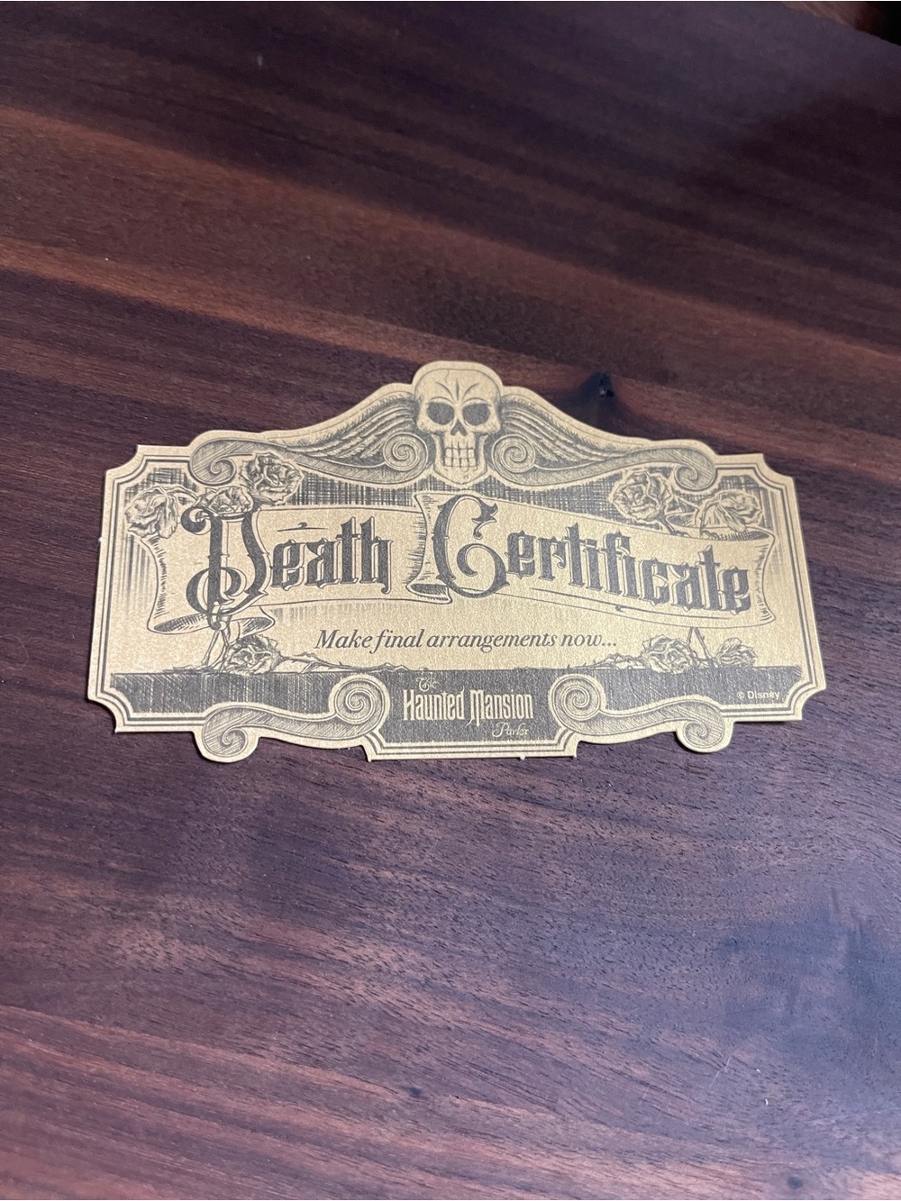 Haunted Mansion 'Death Certificate' from Cruise Parlor -Gold